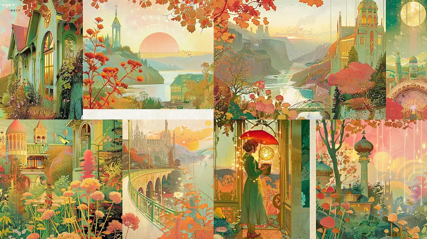 Dreamlike landscapes with vibrant flora and gentle atmospheres - Midjourney sref style