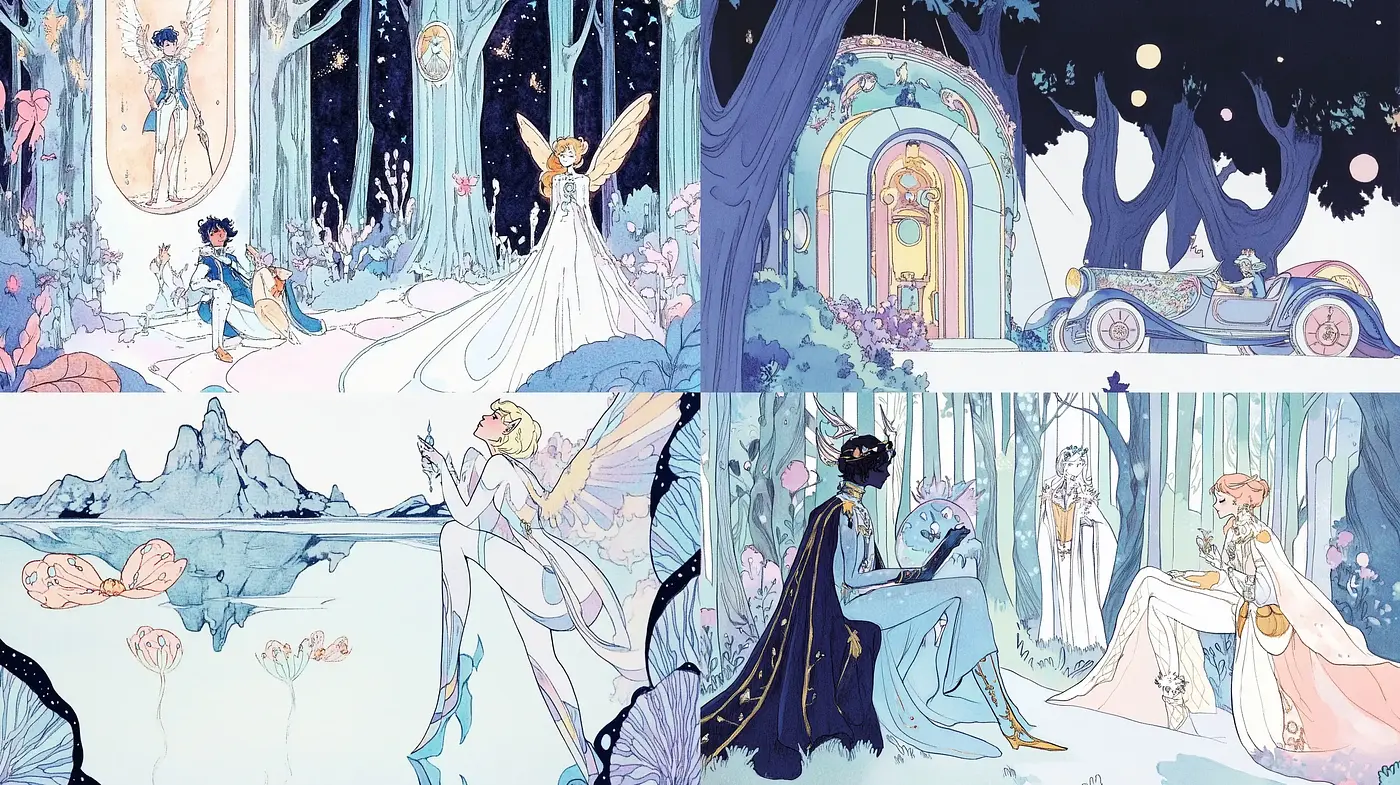Enchanted Twilight Reverie: A Whimsical Art Nouveau Fusion - Midjourney sref style