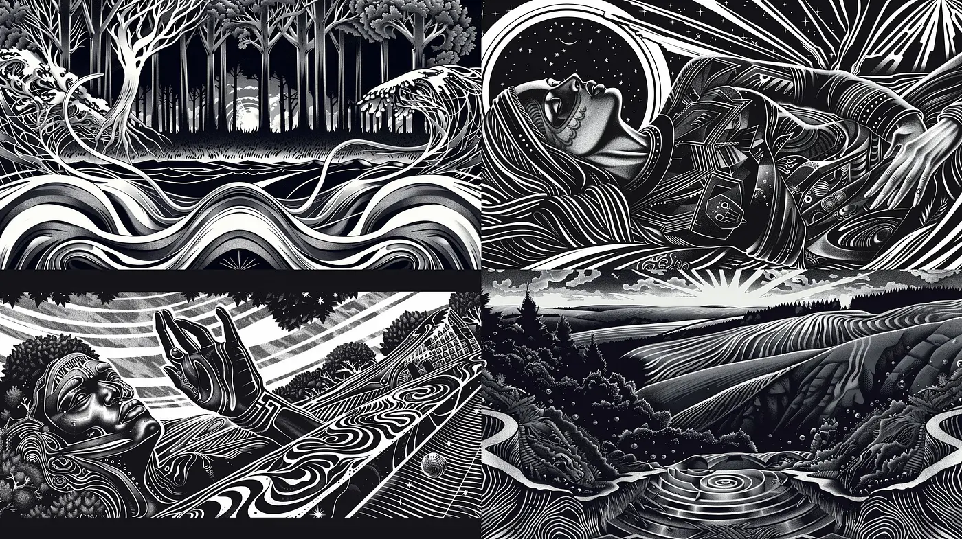 Monochromatic Dreamscape: Enigmatic Contours and Surreal Visions - Midjourney sref style