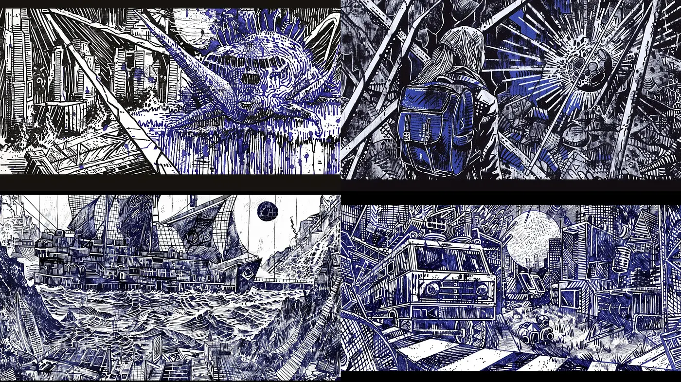 Dynamic Linework and Monochrome Dreamscape - Midjourney sref style