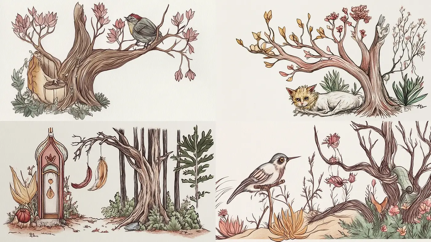 Enchanted Nature Tales with Soft Pastel Hues and Delicate Line Work - Midjourney sref style