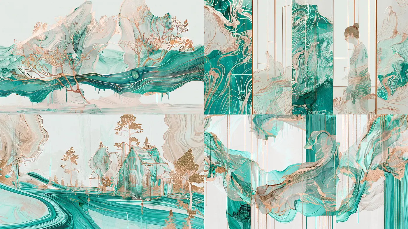 Ethereal Turquoise Dreamscape: A Cohesive Flow of Nostalgic Abstraction - Midjourney sref style