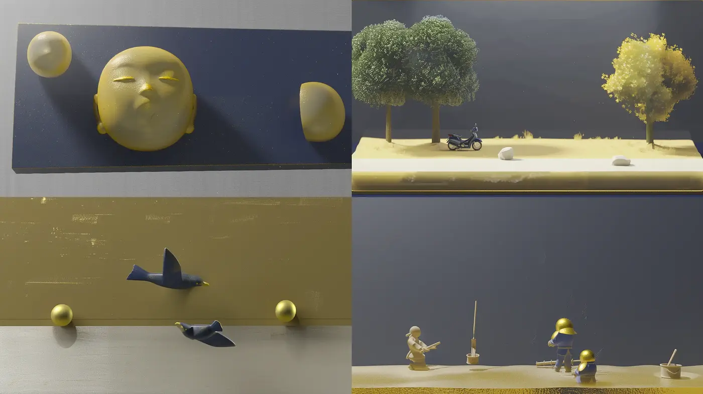 Contemporary Surrealist Vignettes with a Uniform Monochromatic Theme - Midjourney sref style