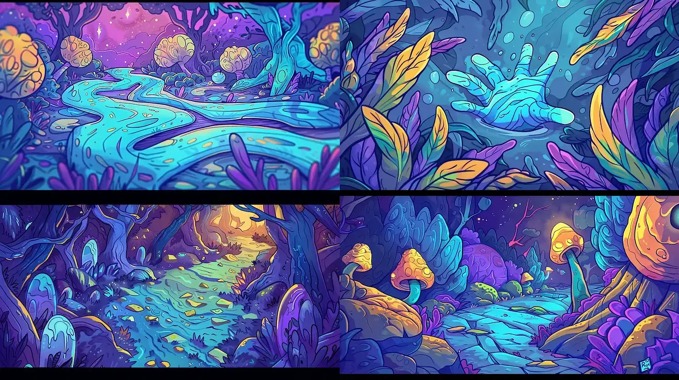 Vibrant and Playful Fantasy Landscape with Lush Vegetation - Midjourney sref style