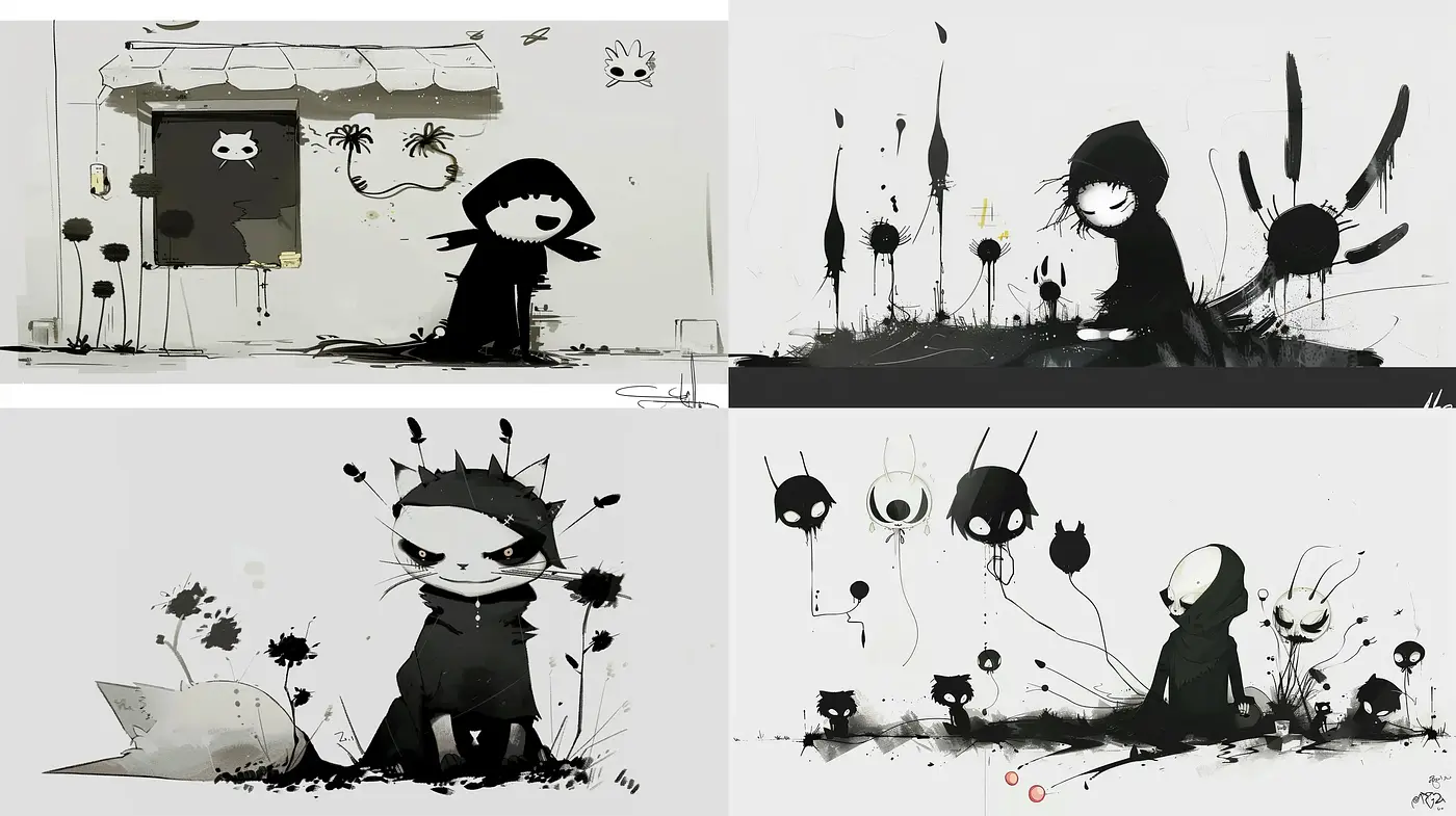 Whimsical Ink Splatter Silhouettes in Monochromatic Tones - Midjourney sref style