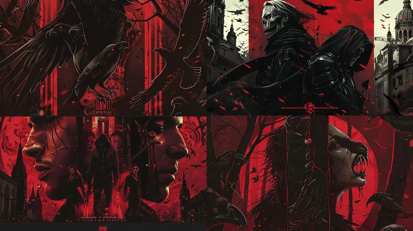 Gothic Noir Dreamscape in Crimson Shadows - Midjourney sref style