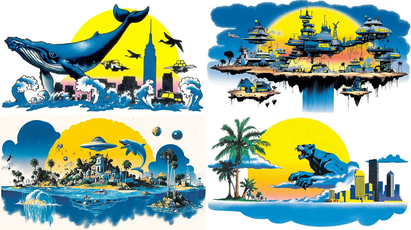 Vibrant Retro-Futuristic Illustrations with Whimsical Elements - Midjourney sref style