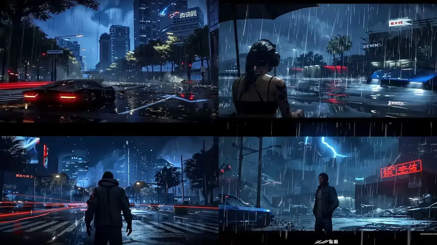Cinematic Urban Dystopia with Neon Highlights and Rainy Atmosphere - Midjourney sref style
