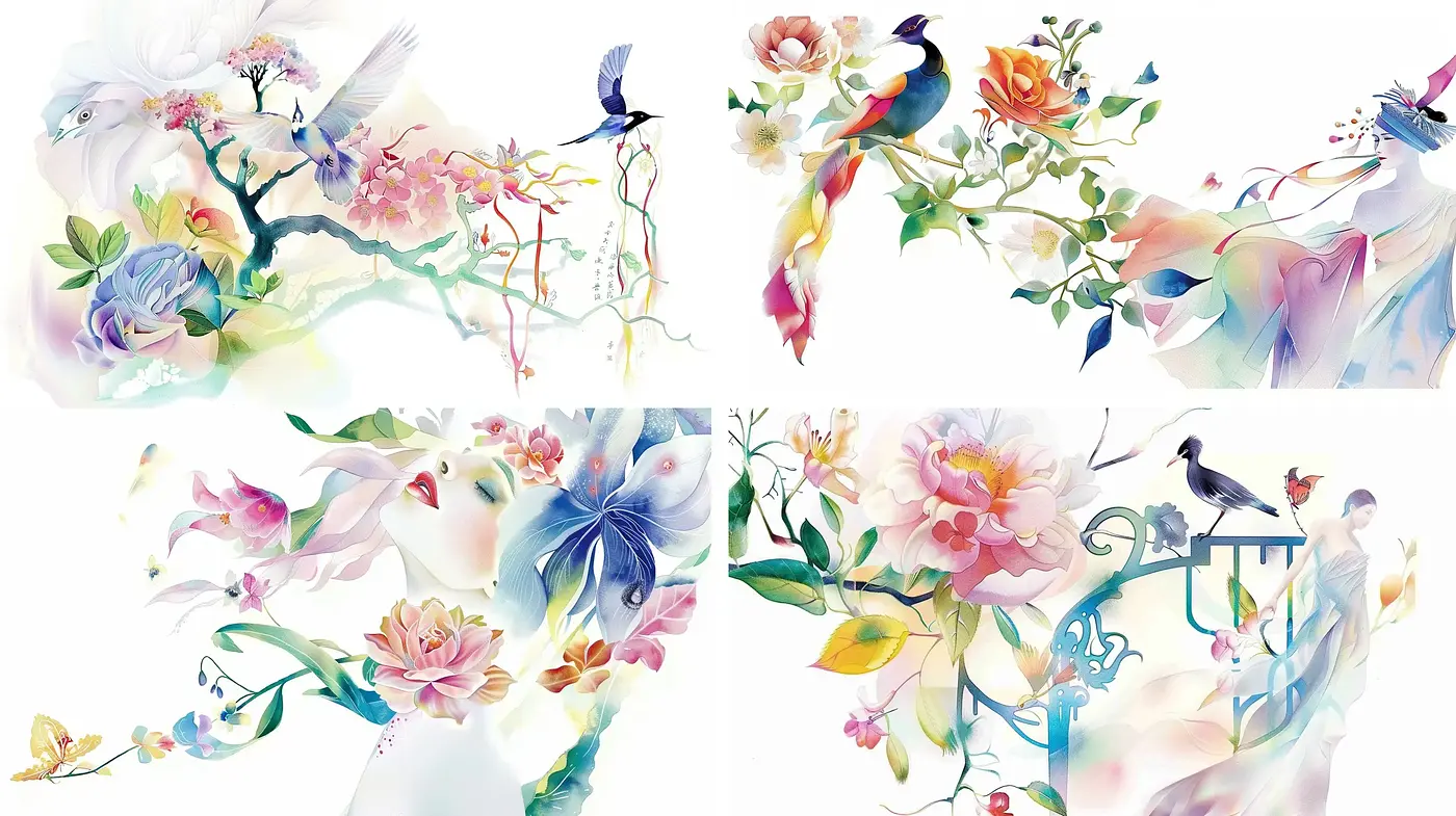 Ethereal Watercolor Dreamscape with Floral and Avian Motifs - Midjourney sref style