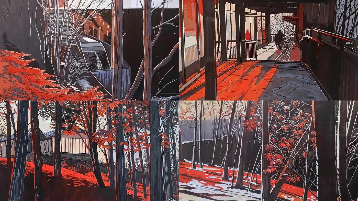 Contrasting Noir-Influenced Graphical Nature Scenes - Midjourney sref style