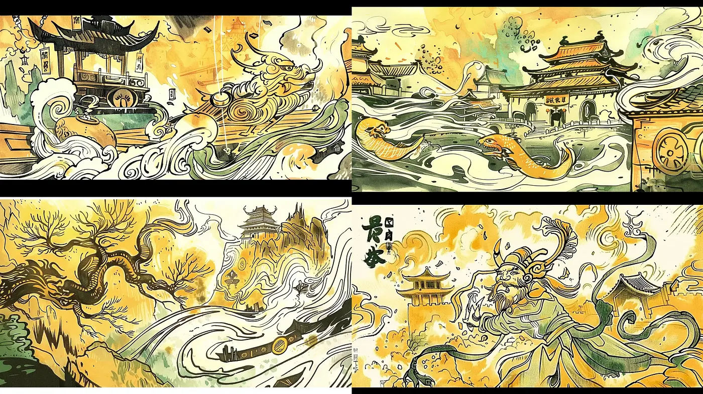 Dynamic Ink Wash Illustration with Mythological Essence - Midjourney sref style