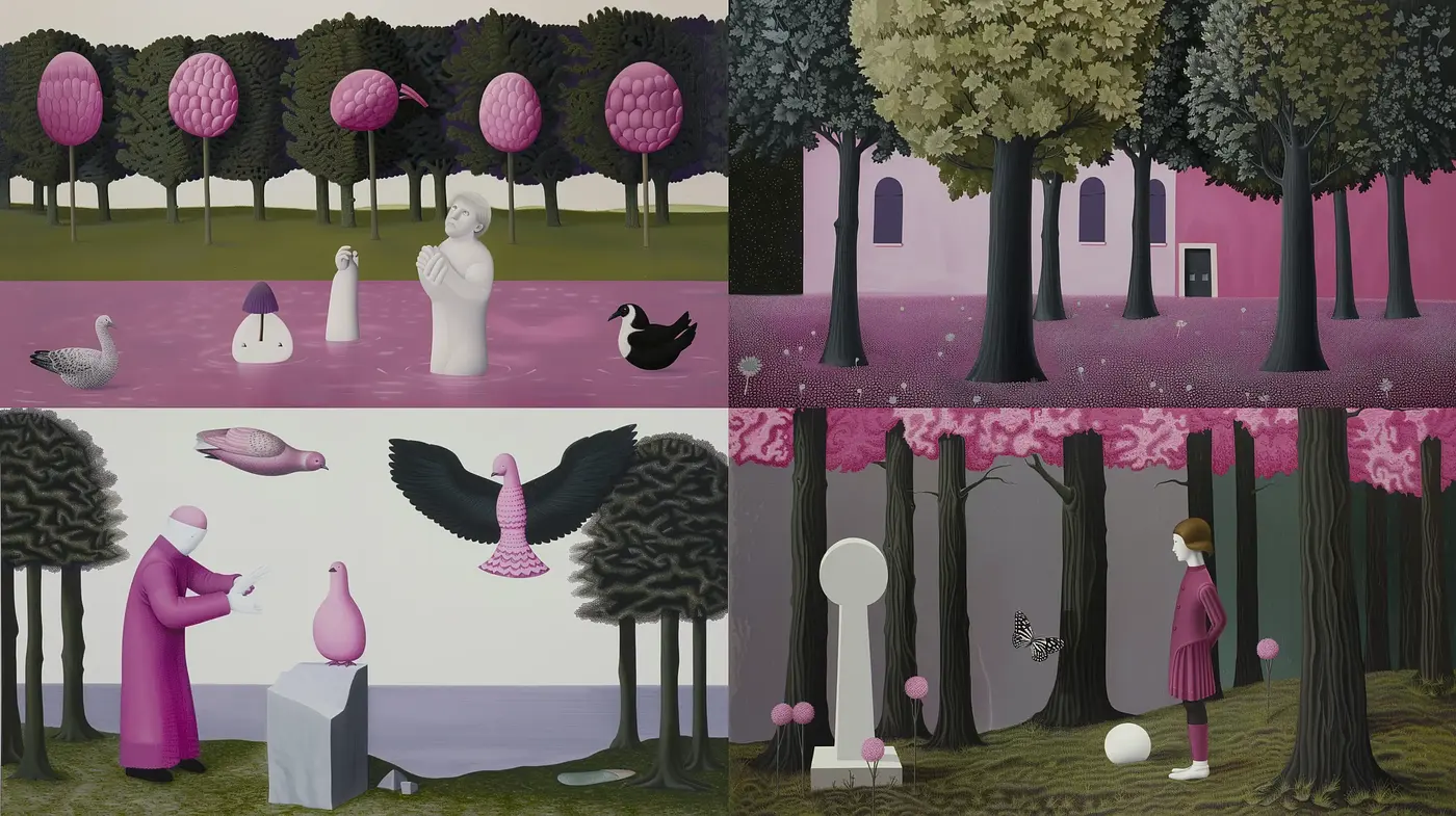Surreal Arboreal Dreamscape with Pastel Tones and a Whimsical Touch - Midjourney sref style