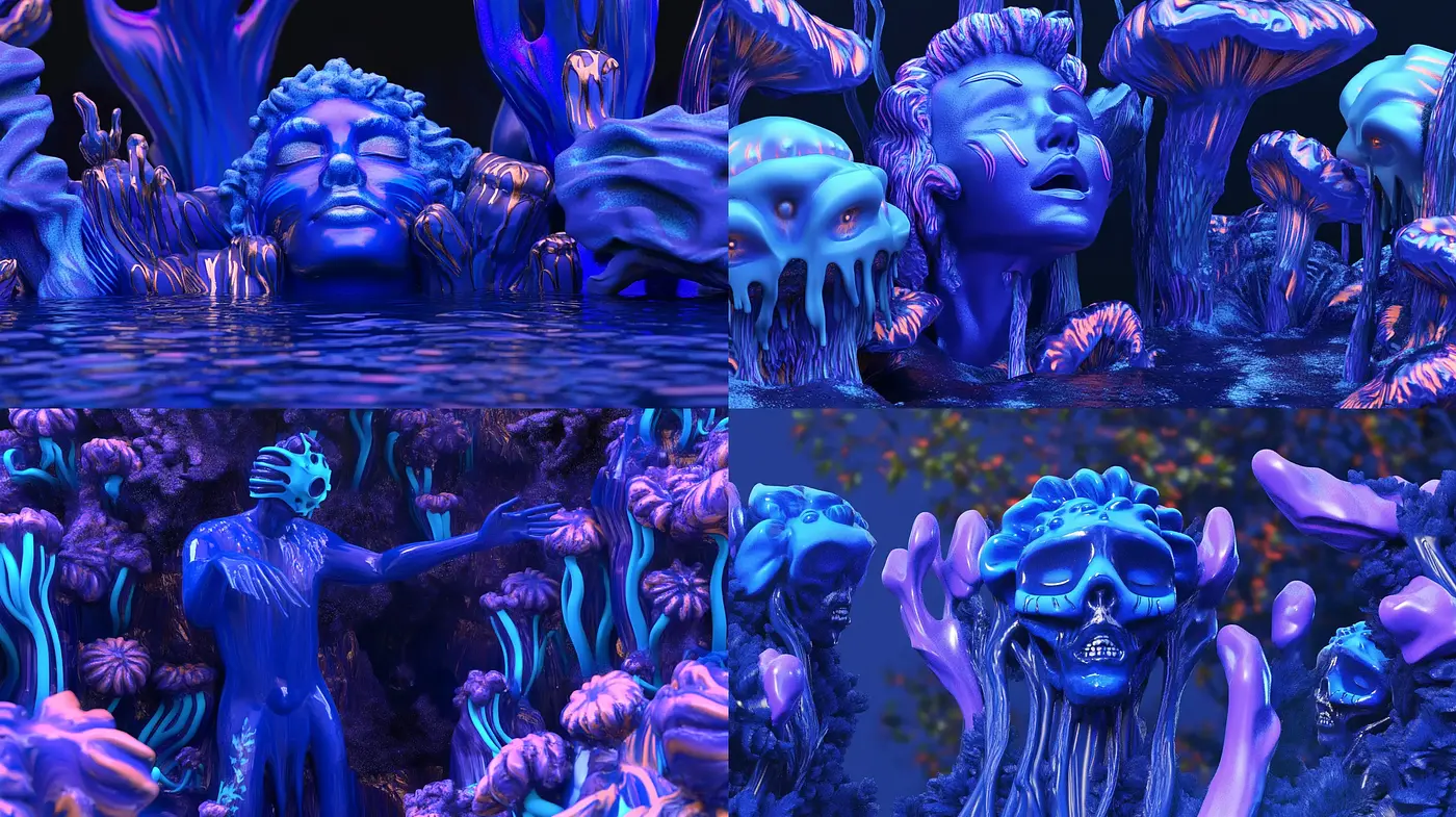 Ethereal Bioluminescent Dreamscape in Surreal Blues - Midjourney sref style