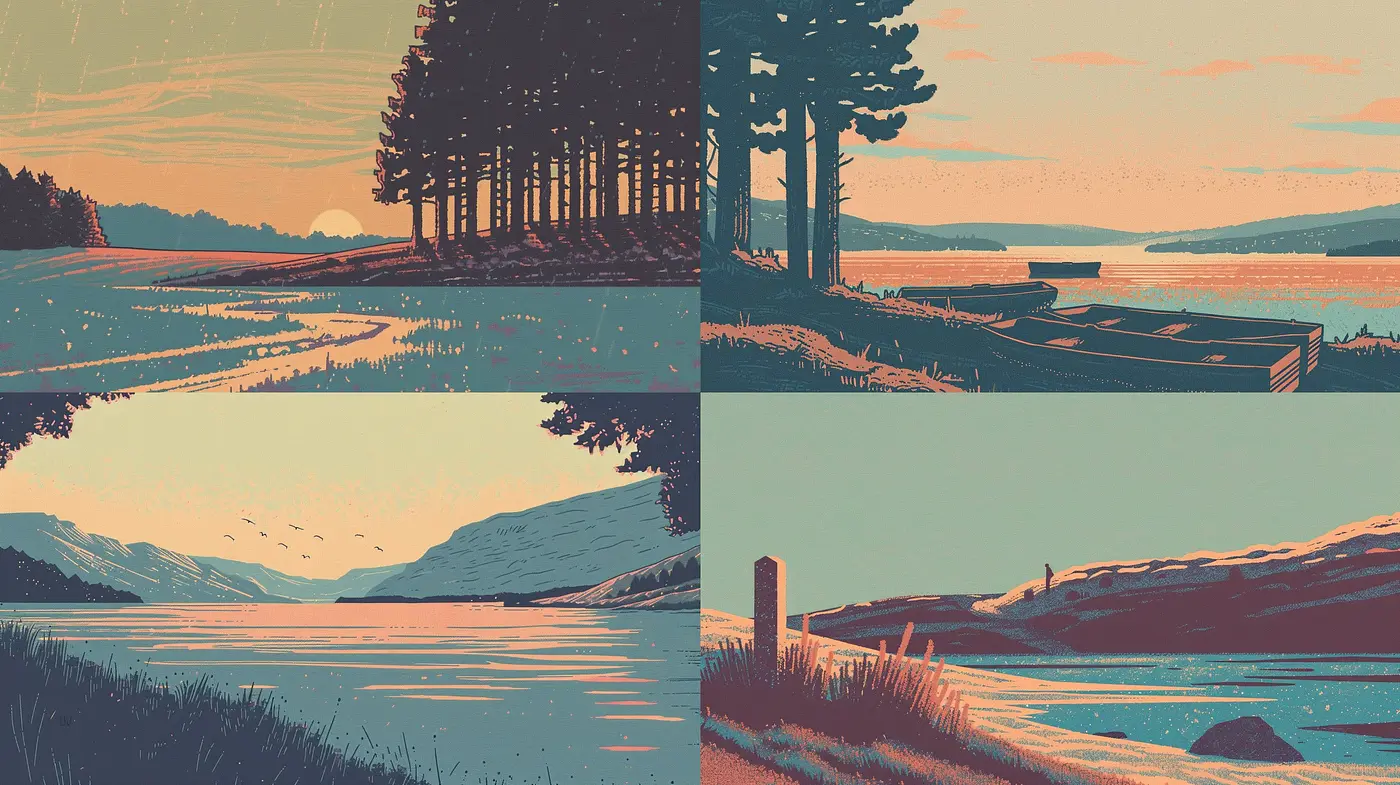 A Serene Blend of Pastel Hues and Stylized Contours: A Homage to Tranquil Scenes and Vintage Illustrative Art - Midjourney sref style
