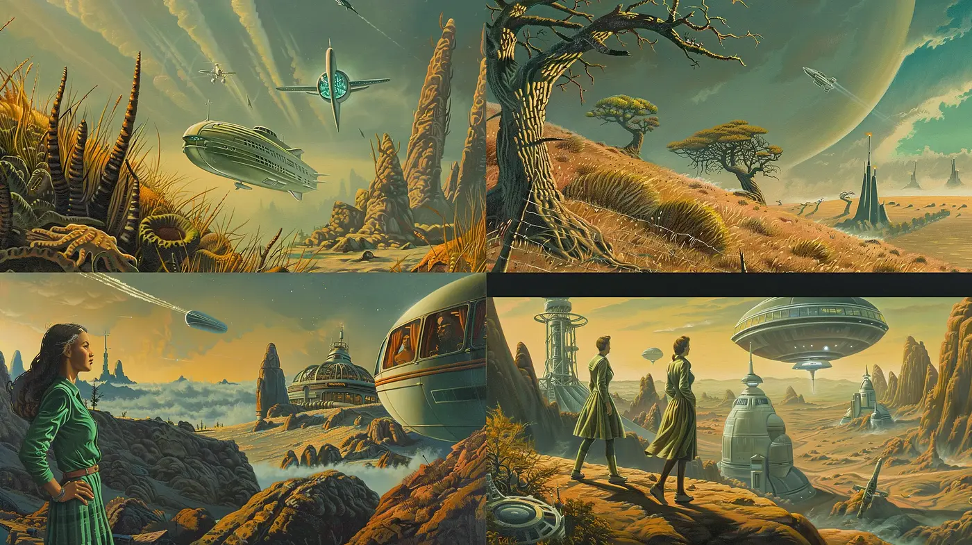 Retrofuturistic Visions: A Homage to Classic Sci-Fi Illustration - Midjourney sref style