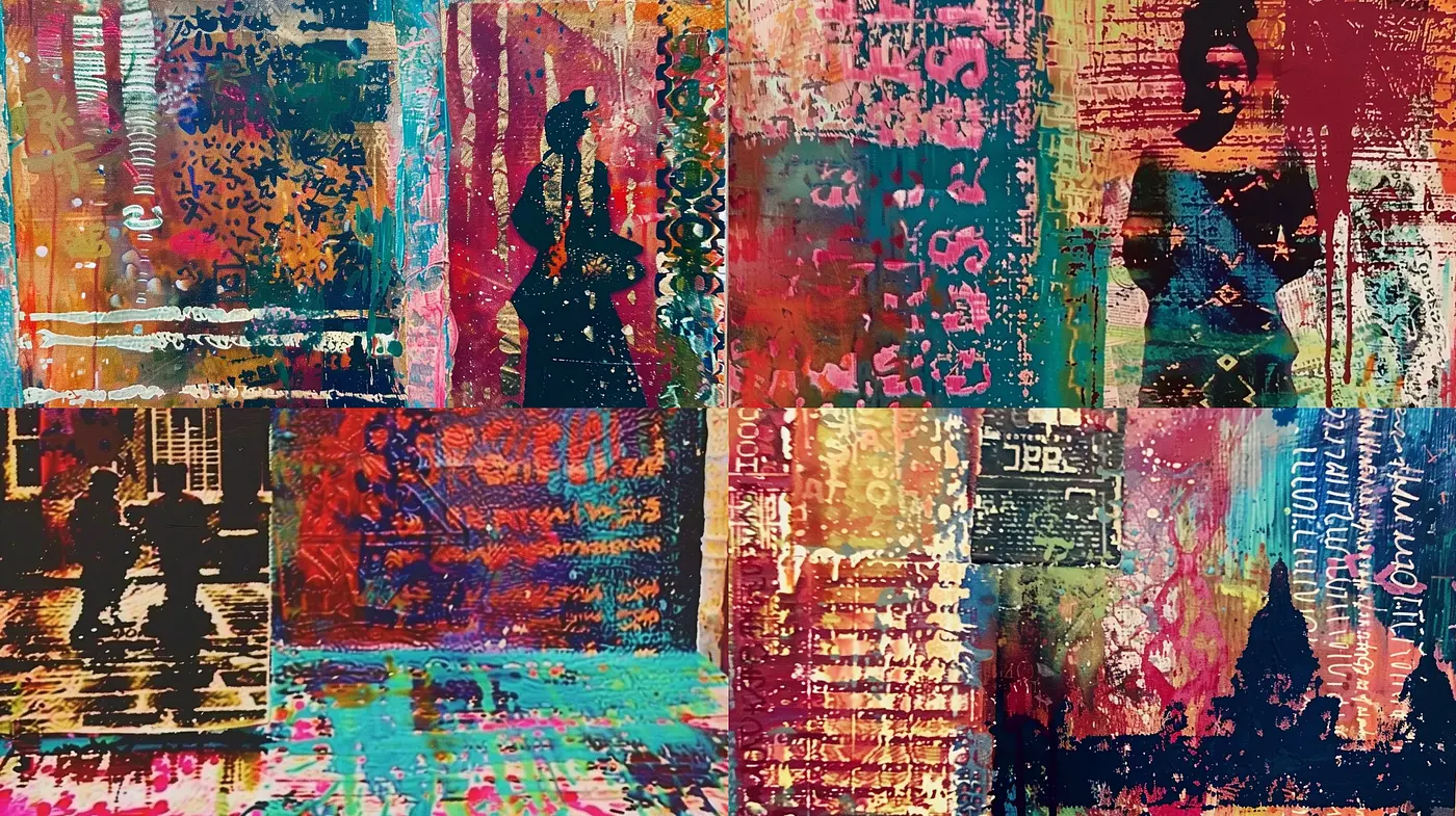 Vibrant Textural Collage of Abstract Expressionism and Street Art Fusion - Midjourney sref style