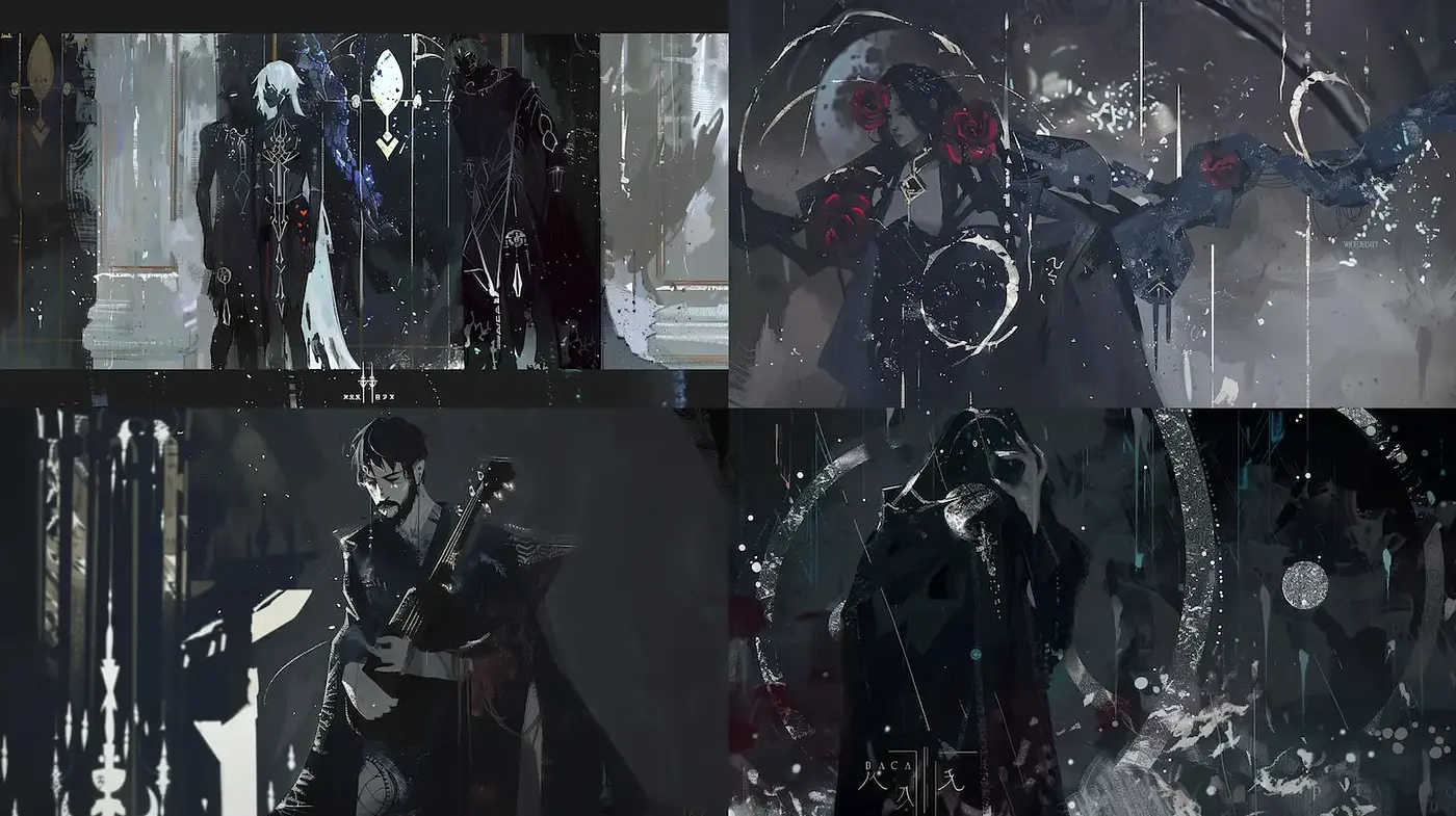Dark, atmospheric fantasy illustrations with gothic undertones - Midjourney sref style