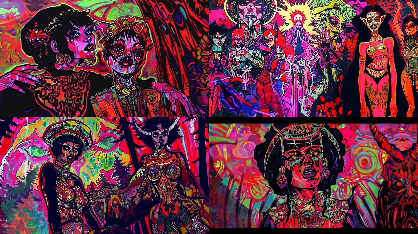 Vivid Psychedelic Visions with Expressionist Undertones - Midjourney sref style