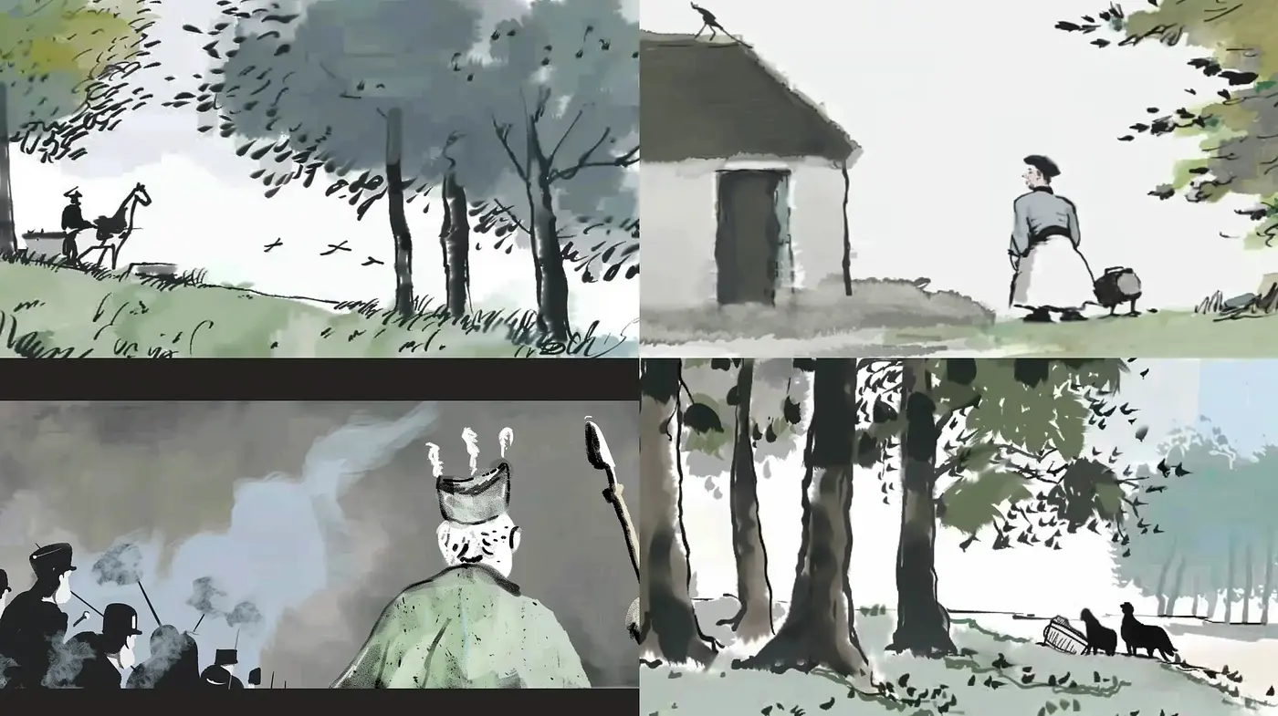 Sepia-Washed Pastoral Scenes with Brushstroke Textures - Midjourney sref style
