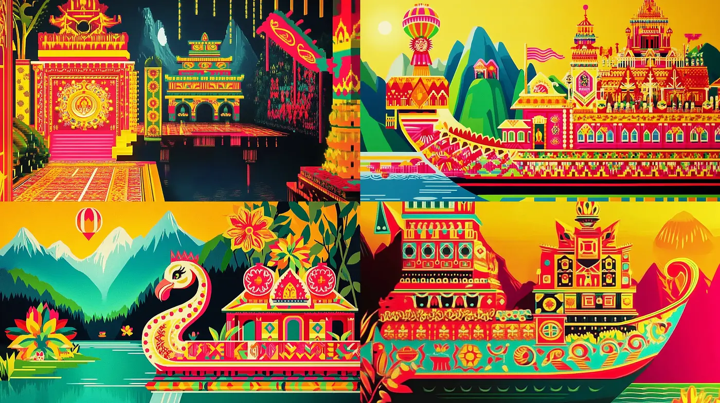 Vibrant Mythological Panorama: A Tapestry of Luminous Colors and Intricate Patterns - Midjourney sref style
