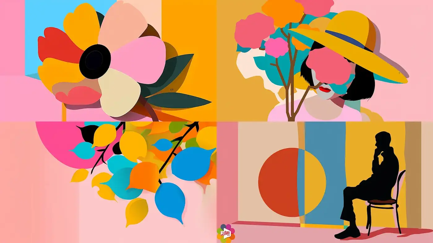 Vibrant and Playful Collage of Stylized Elements Infused with Modern Minimalism - Midjourney sref style