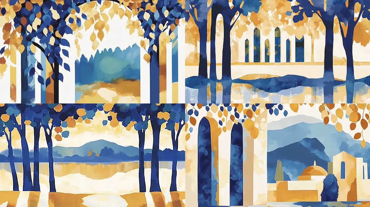 Golden Mosaic Dreamscape in Stylized Geometric Patterns - Midjourney sref style