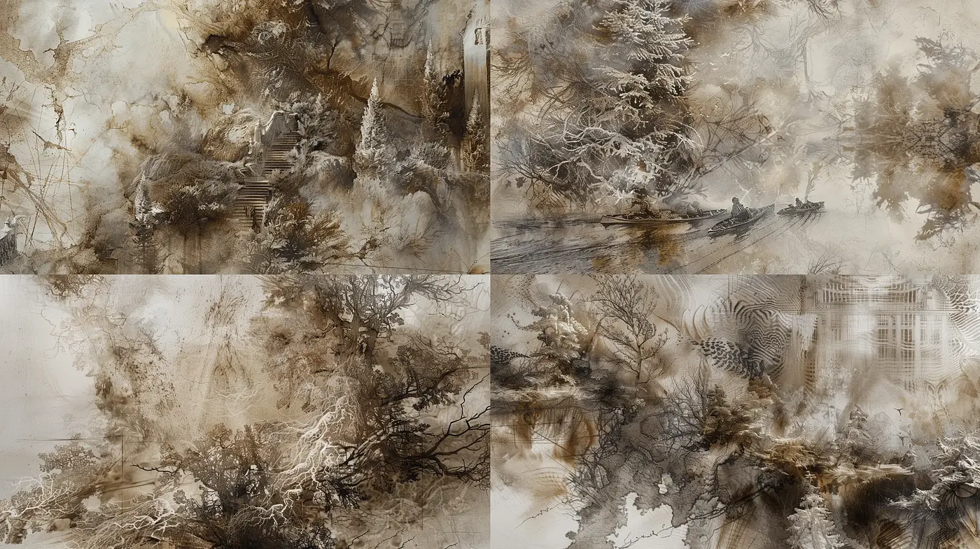 Monochromatic Ethereal Landscapes: A Fusion of Ink Wash and Abstract Expressionism - Midjourney sref style