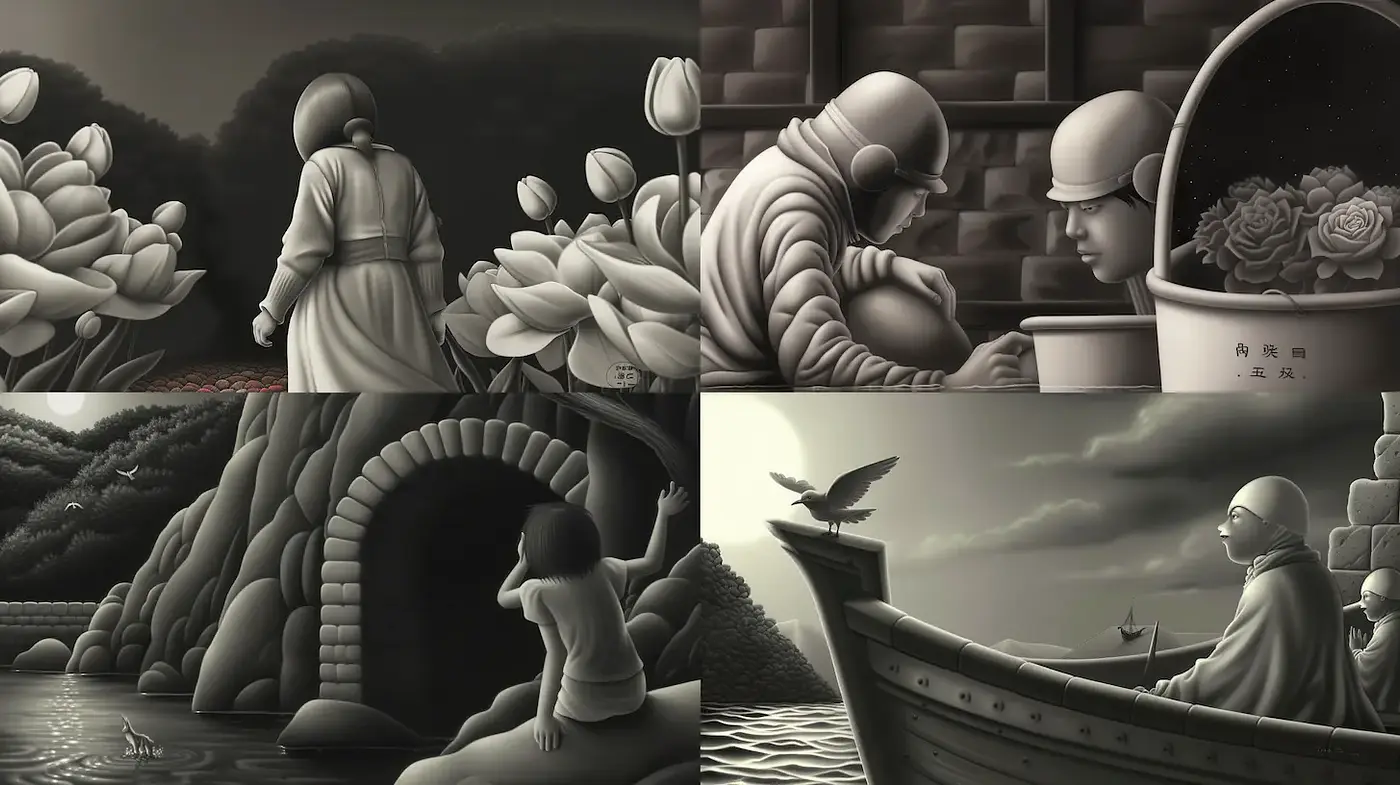 Monochromatic Serenity with a Touch of Surrealism - Midjourney sref style
