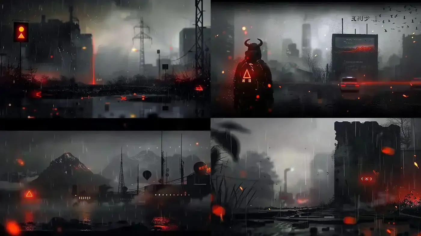 Dark and Atmospheric Cyberpunk Landscapes with Surreal Elements - Midjourney sref style