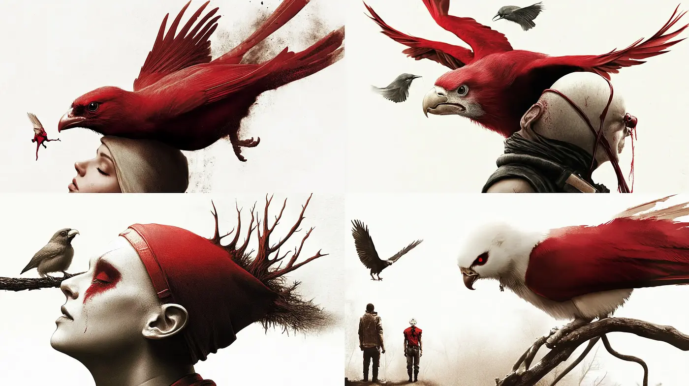 Stylized Symbiosis of Birds and Humans in a Surrealist Red-Toned Tableau - Midjourney sref style