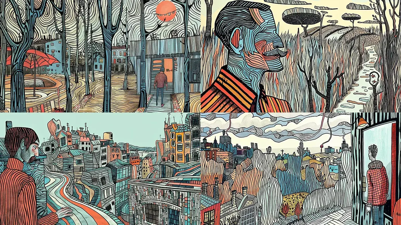 Whimsical Linear Narratives in Rich Earthy Tones - Midjourney sref style
