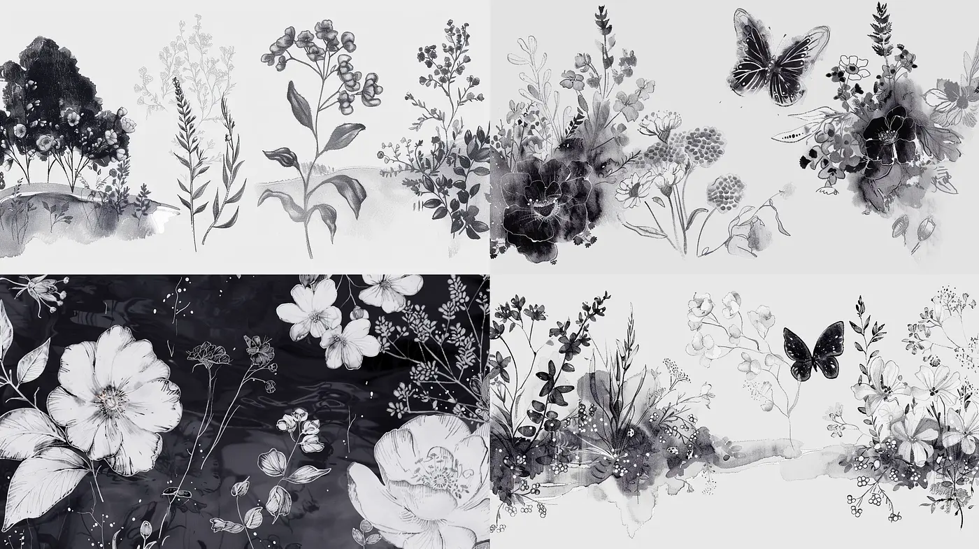 Monochromatic Botanical Illustrations with Ethereal Overtones - Midjourney sref style