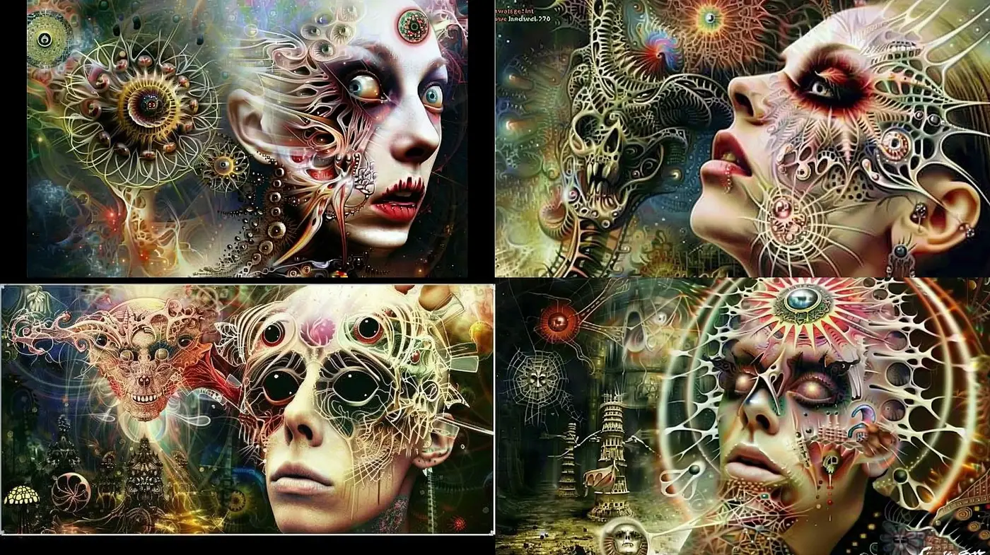 Surreal Clockwork Visions: A Fusion of Organic and Mechanical Aesthetics - Midjourney sref style
