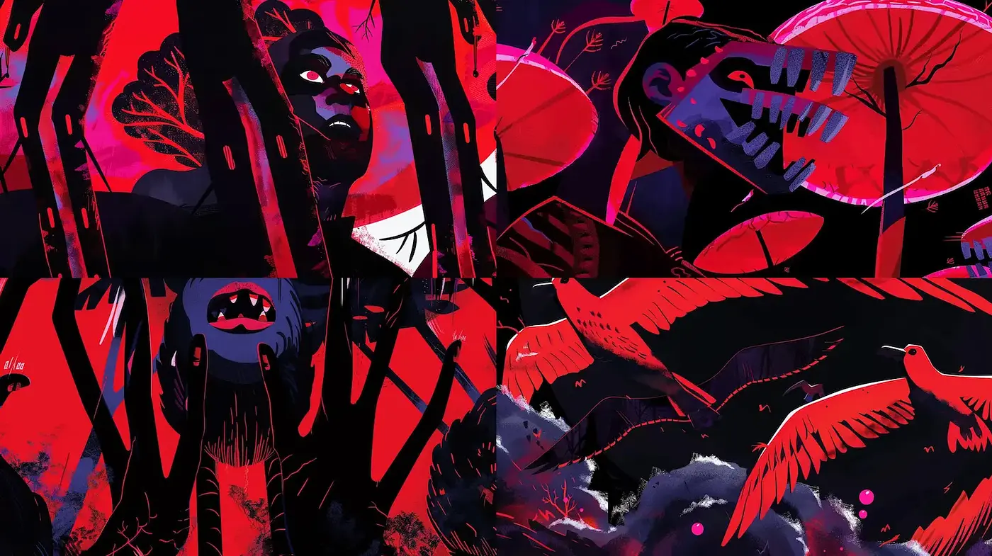 Vivid and Dynamic Illustrative Style with Dark Undertones - Midjourney sref style
