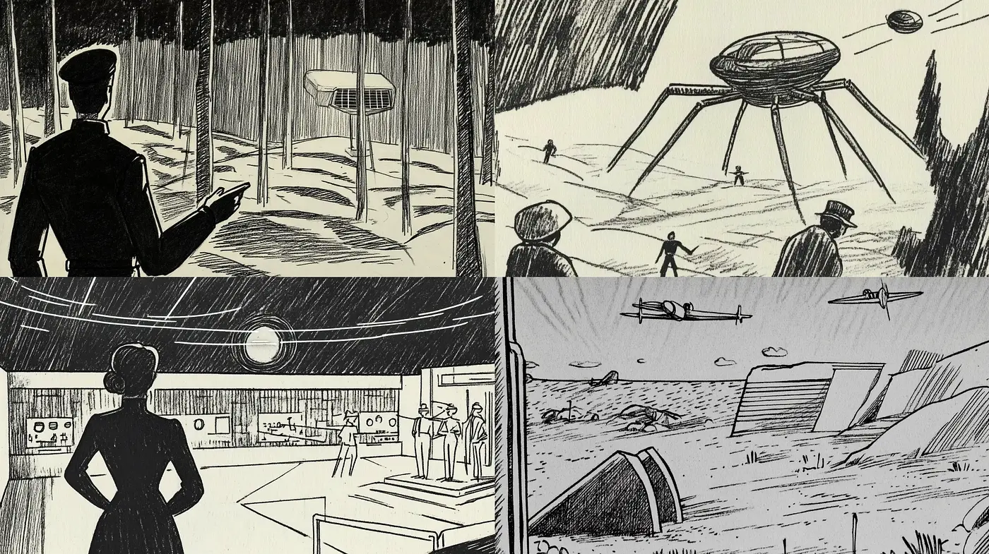 Monochromatic Retro-Futurism in Pen-and-Ink Style - Midjourney sref style