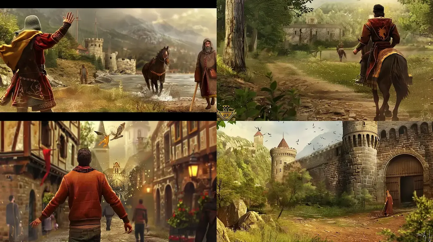 Epic medieval landscapes with a rich narrative and character-driven scenes - Midjourney sref style