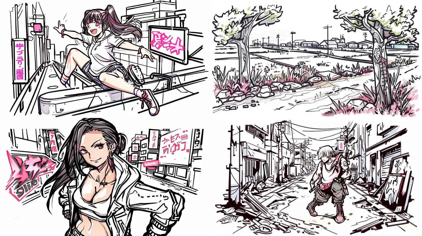 Dynamic Manga-Inspired Illustrative Art with Monochrome Essence and Vivid Accents - Midjourney sref style