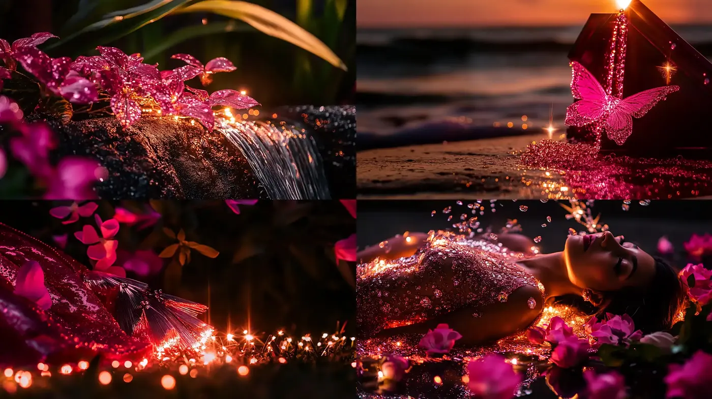 Enchanted Twilight Reverie: A Fusion of Sparkling Neon with Organic Textures - Midjourney sref style