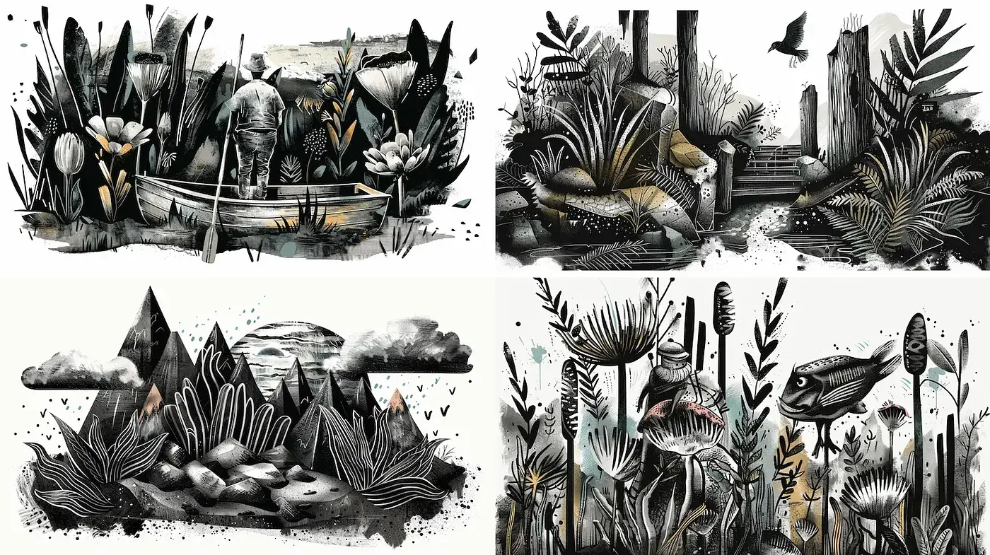Dynamic Illustrative Style with Nature-Inspired Elements - Midjourney sref style