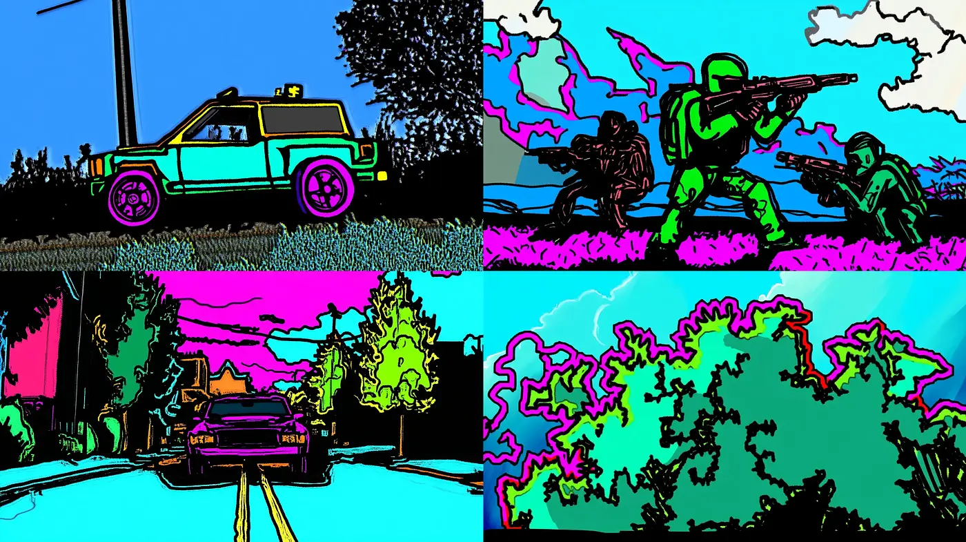 Electric Neon Contours: A Fusion of Bold Outlines and Vivid Hues - Midjourney sref style