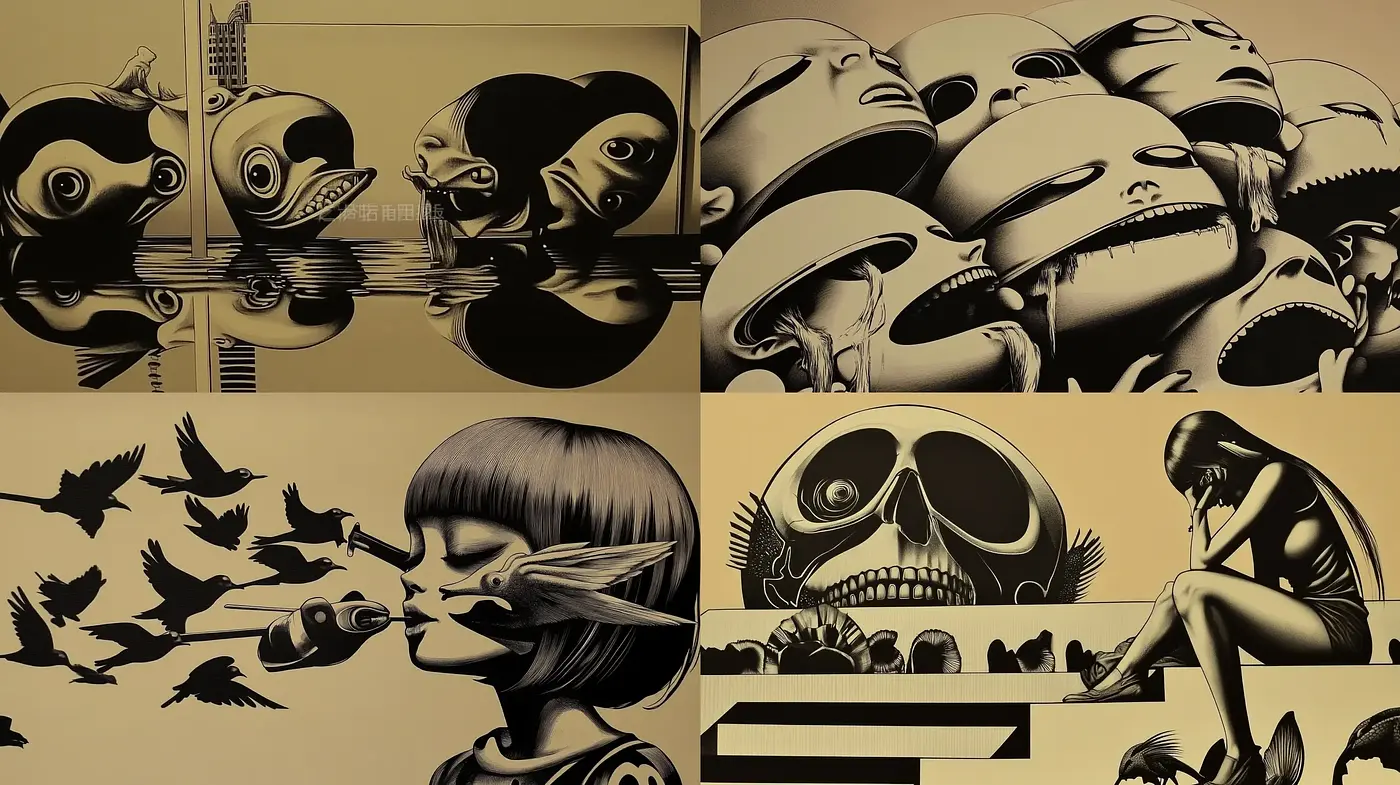 Surreal Monochromatic Visions Merging the Organic and Mechanical - Midjourney sref style
