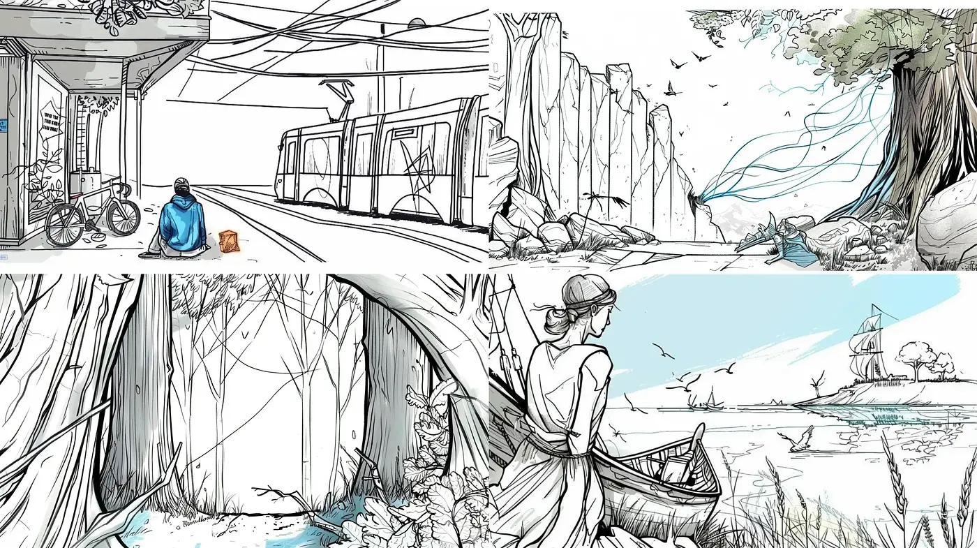 Serenely Sketched Nature and Urban Dreamscape - Midjourney sref style