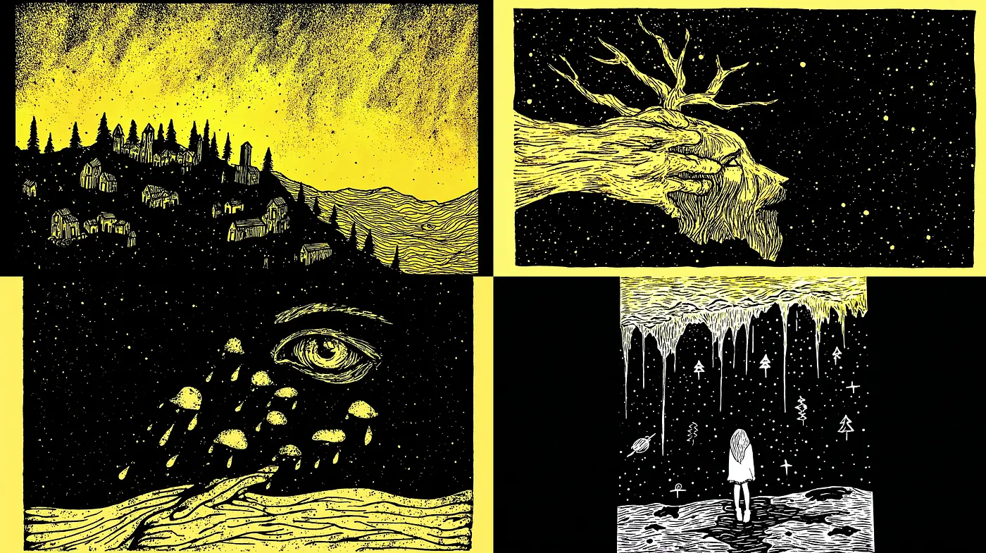 Intricate and Surreal Black and Yellow Illustrations with Organic Elements - Midjourney sref style