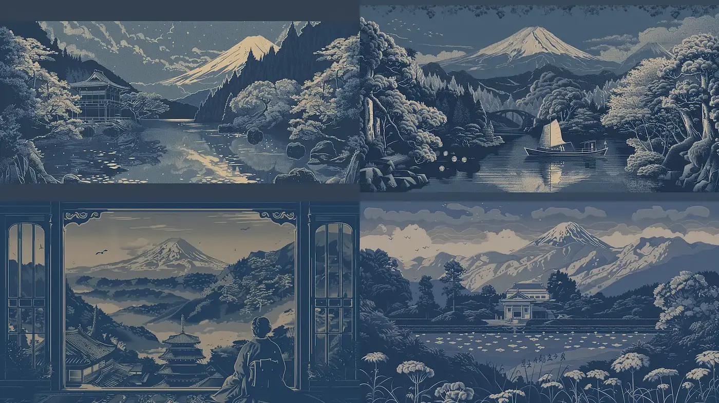 Serene Landscapes in Subdued Blue Tones with Traditional Asian Influences - Midjourney sref style