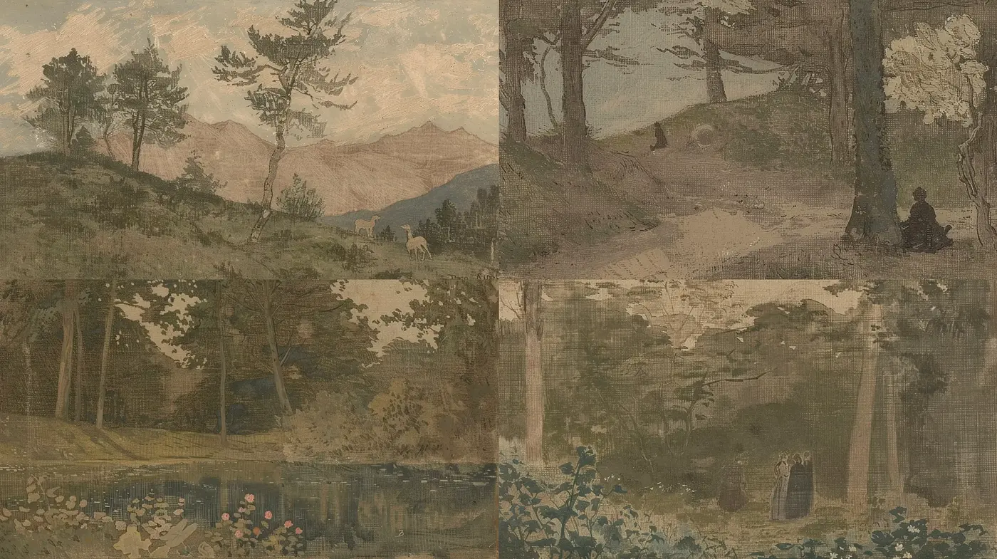Whispering Pines: A Harmonized Panorama of Rustic Serenity - Midjourney sref style
