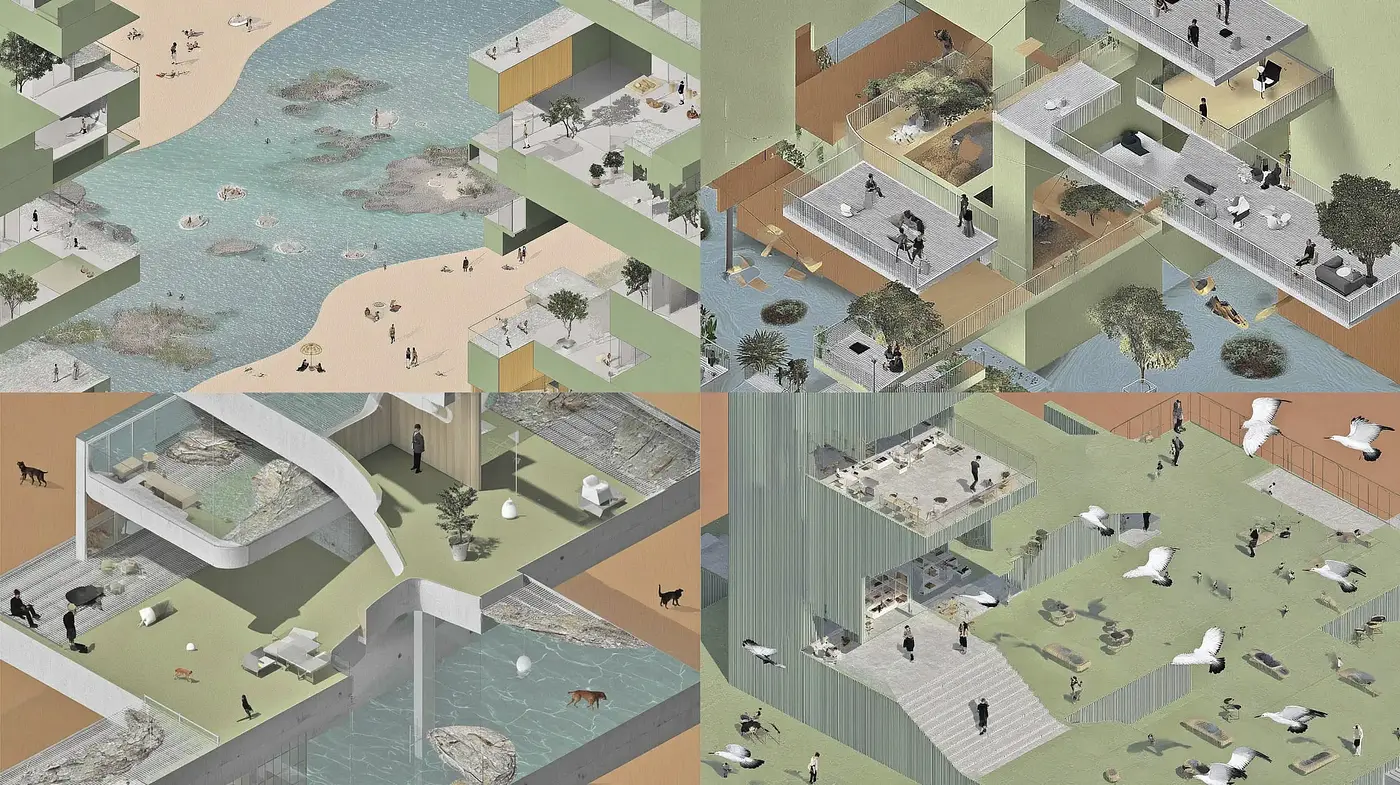 Contemporary illustrated spaces with organic elements and human presence - Midjourney sref style