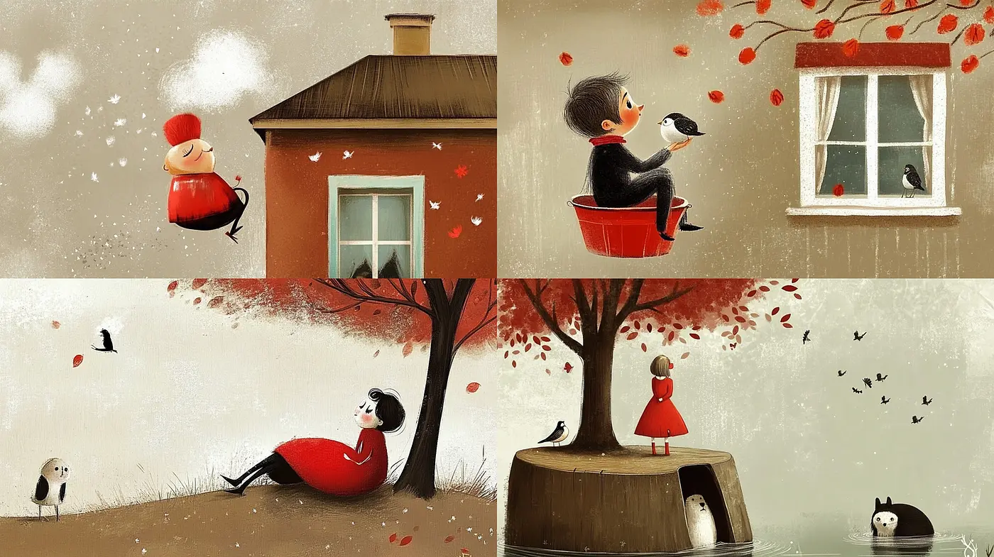 Charming Whimsical Illustrations with Playful Characters - Midjourney sref style