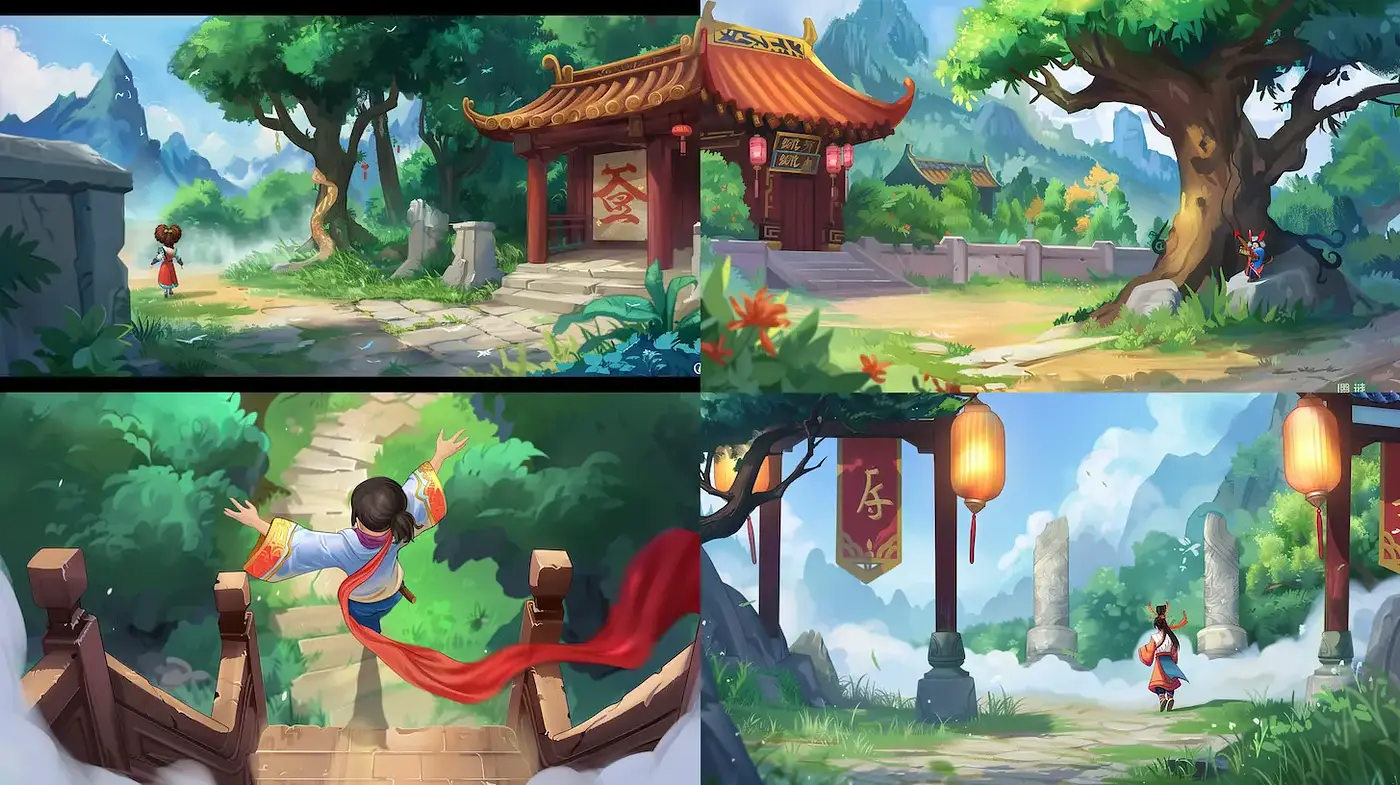 Vibrant and Serene Landscape with Cultural Elements - Midjourney sref style