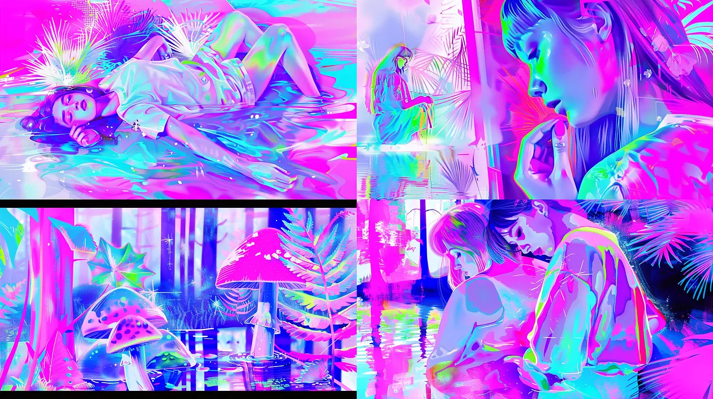 Vibrant Cyber Dreamscapes: A Synthesis of Neon Hues and Surreal Imagery - Midjourney sref style