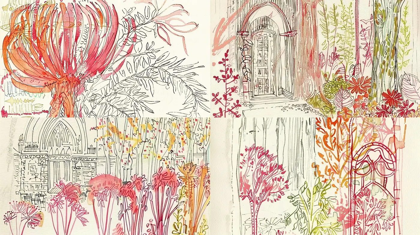 Whimsical Line Art of Botanical and Architectural Elements in Warm Tones - Midjourney sref style